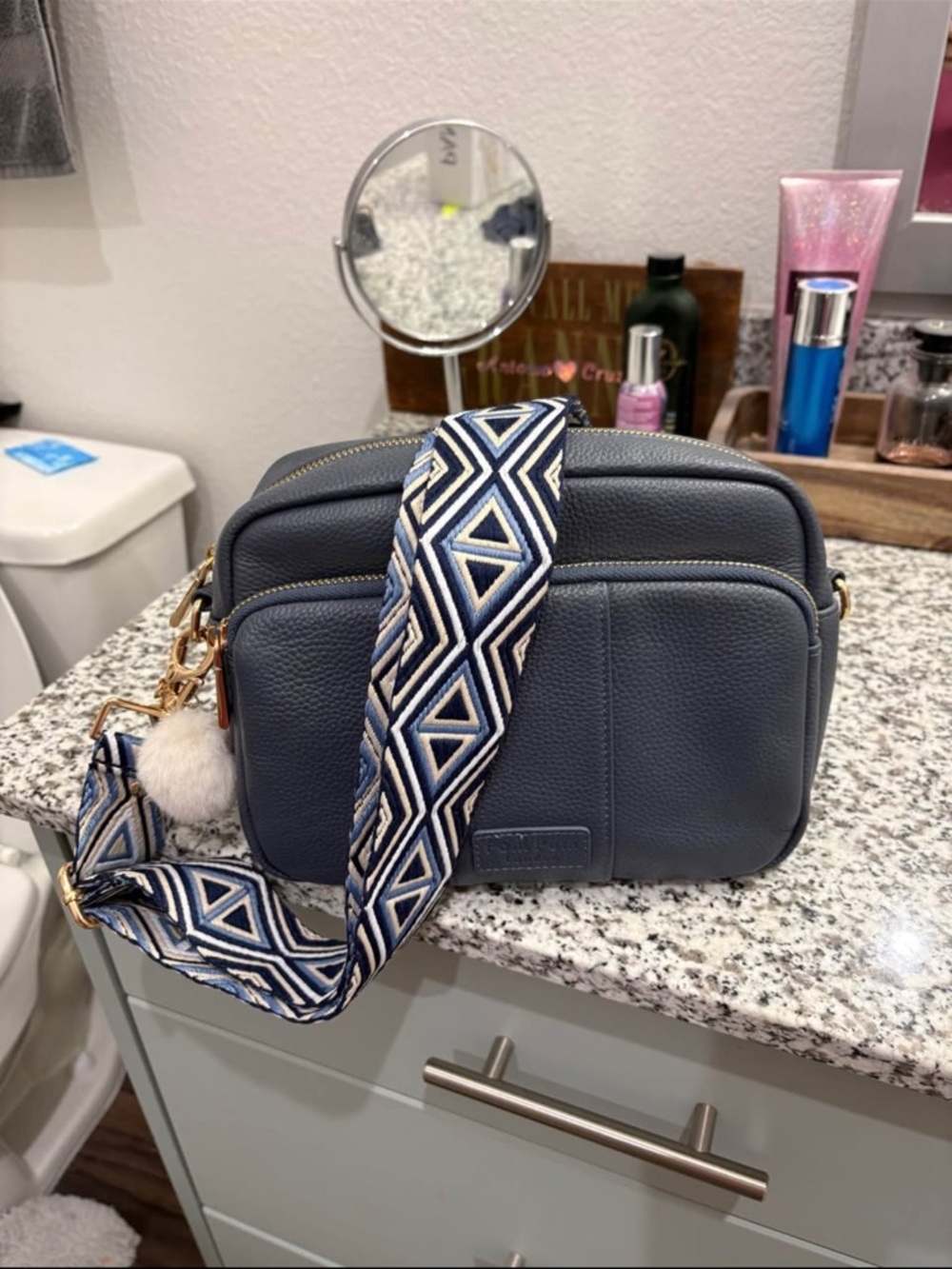 Navy Crossbody Camera Bag with Geometric Strap